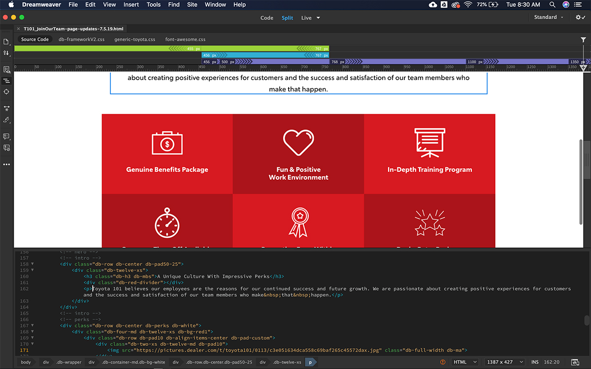 Screenshot of landing page being coded in Adobe Dreamweaver